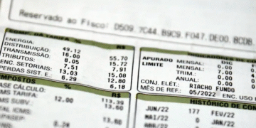 Fatura de energia com tarifas detalhadas e valores específicos para a conta de energia elétrica, destacando informações sobre a tarifa social e isenção parcial de custos.