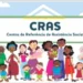 Ilustração colorida de diversas famílias representando a diversidade atendida pelo CRAS, com o título Centro de Referência de Assistência Social.