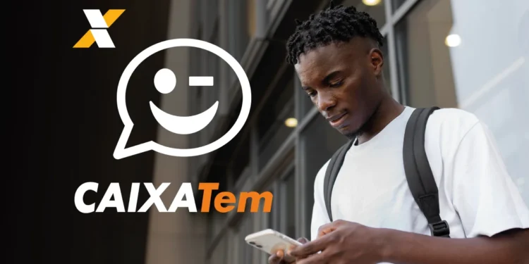 Pessoa usando um celular com o logo Caixa Tem ao fundo.