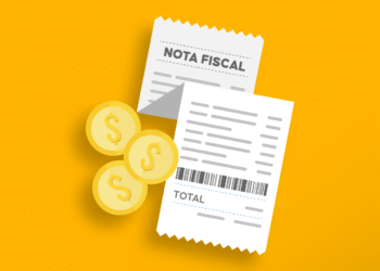 Imagem ilustrativa de notas fiscais e moedas de dólar destacando o CPF na nota e premiação do NFG.