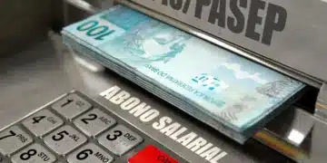 Notas de R$100 visíveis em caixa eletrônico com referência ao PIS/PASEP e crédito salarial.