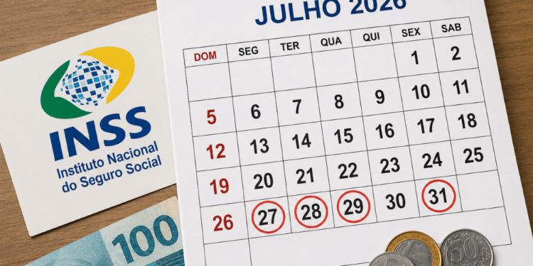 Calendário de julho 2026 com datas 27, 28, 29, 30 e 31 circuladas, cartão INSS e dinheiro ao lado