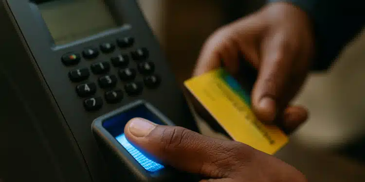 Pessoa realizando cadastro biométrico com impressão digital em tela, representando a exigência para o Bolsa Família.