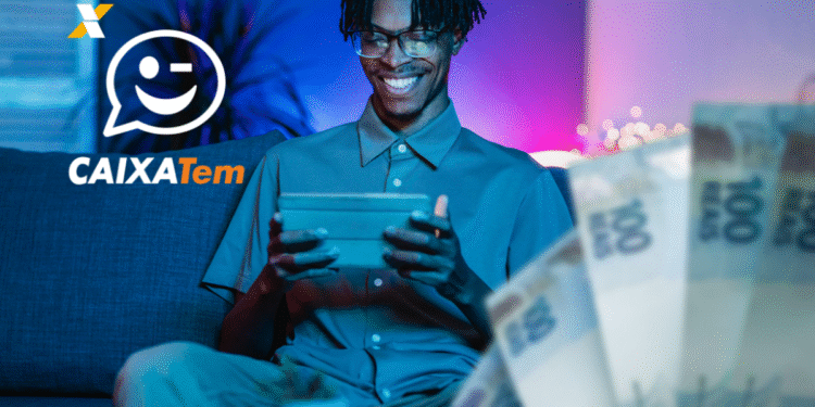 Homem sorrindo com tablet, logo Caixa Tem e notas de R$ 100, Pix de R$ 200 e R$ 225 para novos grupos