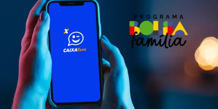 Imagem ilustrativa mostrando o aplicativo Caixa Tem na tela de um smartphone com o logo do programa Bolsa Família ao lado, destacando informações sobre a data de pagamento.