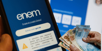 Tela do aplicativo Enem com informações sobre o Login Único e dinheiro em notas de 50 e 100 reais.