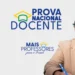Mulher sorrindo ao lado do logotipo da Prova Nacional Docente, iniciativa do governo brasileiro para ampliar o número de professores.