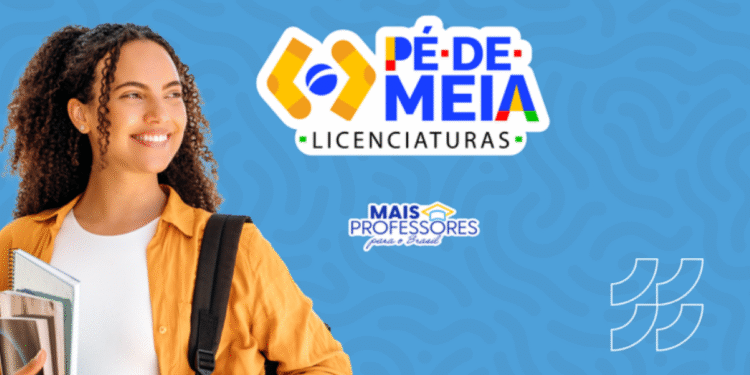 Estudante com livros e mochila ao lado do logo Pé de Meia Licenciaturas, destacando cadastro de bolsistas até 11 de julho com auxílio de R$ 1.050.