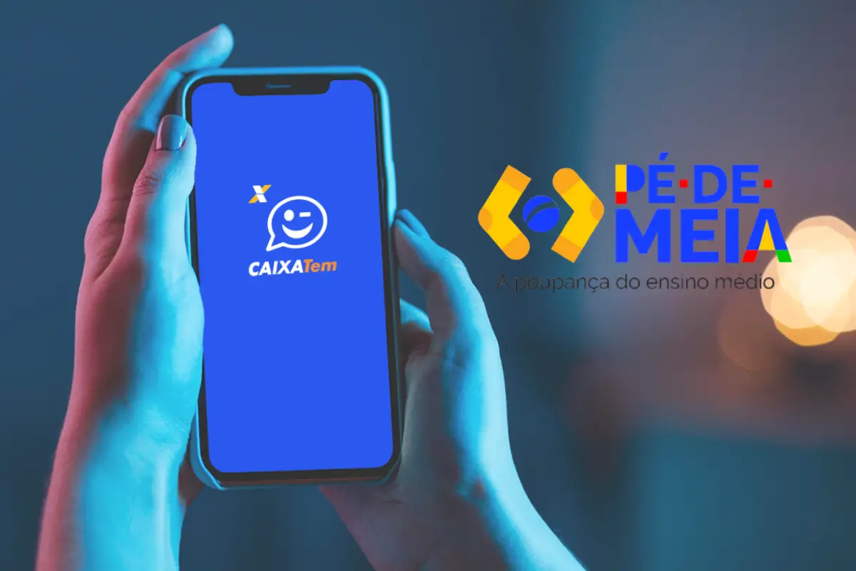 Imagem do aplicativo CAIXA Tem, mostrando a tela de login, com o logo do Pé-de-Meia ao lado.