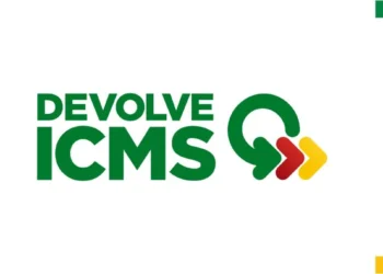 Logotipo do programa Devolve ICMS do governo do RS com setas coloridas representando repasse.
