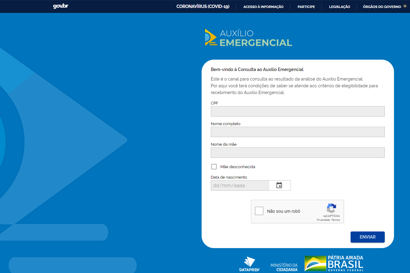 Tela de consulta do Auxílio Emergencial no portal Gov.br