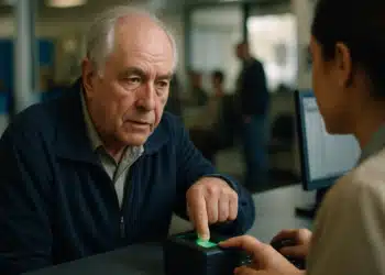 Idoso realizando cadastro biométrico INSS em uma instituição, com um funcionário guiando o processo.