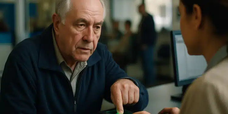 Idoso realizando cadastro biométrico INSS em uma instituição, com um funcionário guiando o processo.