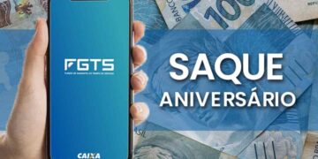 Imagem do Saque-Aniversário do FGTS com o logo da Caixa e notas de dinheiro ao fundo.
