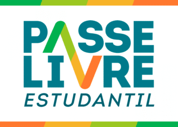 A imagem do logo colorido do Passe Livre Estudantil em um fundo branco, com bordas coloridas.