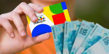 Cartão do Bolsa Família junto a notas de 100 reais, representando pagamento antecipado do benefício e do Auxílio Gás.