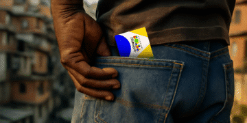 Imagem de um homem com o cartão do Bolsa Família no bolso, representando os pagamentos bloqueados em agosto.