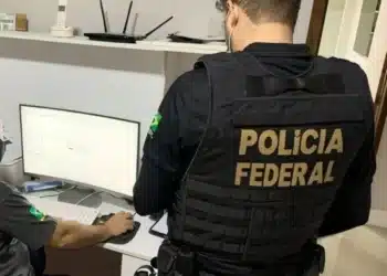 Agentes da Polícia Federal trabalhando no computador durante a campanha nacional de desaparecidos, utilizando tecnologia para localizar e identificar pessoas desaparecidas.