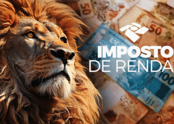 Leão majestoso em primeiro plano com cédulas de real brasileiras ao fundo representando imposto de renda