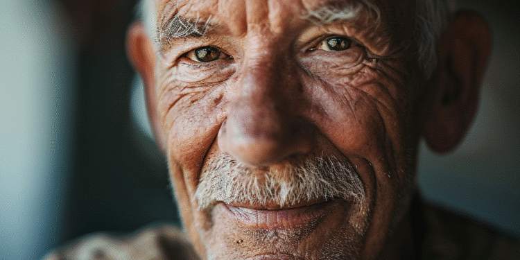 Homem idoso sorridente com barba grisalha e rugas de expressão, representando a terceira idade brasileira com dignidade