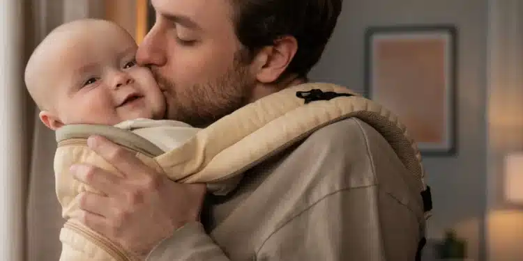 Pai segurando seu bebê com carinho, simbolizando o impacto positivo da licença-paternidade de 30 dias para o vínculo familiar e o bem-estar da criança.