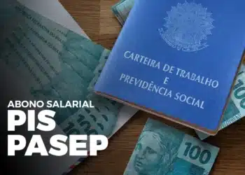 Carteira de Trabalho e cédulas de R$ 100, ilustrando o abono salarial PIS/Pasep e o benefício de até R$ 2.800 que será pago pela Caixa Econômica Federal em 25 de agosto.