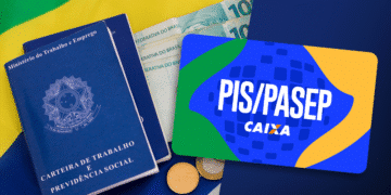 Cartão PIS/PASEP Caixa ao lado da carteira de trabalho e dinheiro sobre bandeira do Brasil.