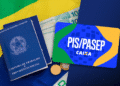 Dinheiro em cédulas de 100 reais, cartão PIS/PASEP da Caixa e passaporte, representando a expectativa de pagamento do abono salarial.
