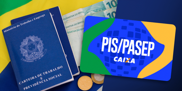Dinheiro em cédulas de 100 reais, cartão PIS/PASEP da Caixa e passaporte, representando a expectativa de pagamento do abono salarial.