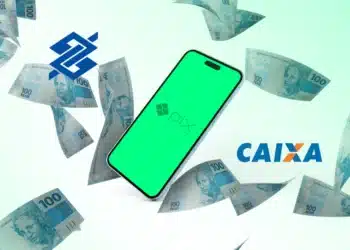Imagem ilustrativa mostrando o aplicativo de PIX do Caixa Econômica e Banco do Brasil, com cédulas de R$100 voando ao fundo. Tema do post: 'Caixa e BB liberam PIX de R$1.518 em 72h'.