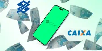 Imagem ilustrativa mostrando o aplicativo de PIX do Caixa Econômica e Banco do Brasil, com cédulas de R$100 voando ao fundo. Tema do post: 'Caixa e BB liberam PIX de R$1.518 em 72h'.