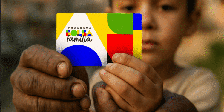 Cartão do Programa Bolsa Família sendo segurado por criança e adulto, com fundo desfocado.