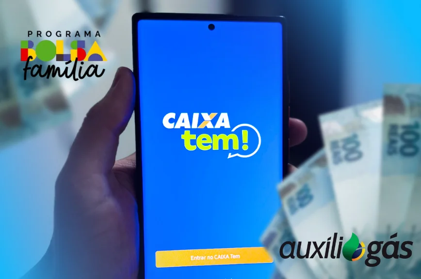 Tela do aplicativo Caixa Tem exibindo o logotipo e informações do Auxílio Gás e Bolsa Família.
