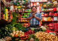Comerciante em mercado, com legumes e verduras, diante de proposta de projeto de lei sobre comércio aos domingos e feriados.