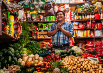 Comerciante em mercado, com legumes e verduras, diante de proposta de projeto de lei sobre comércio aos domingos e feriados.