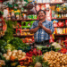 Comerciante em mercado, com legumes e verduras, diante de proposta de projeto de lei sobre comércio aos domingos e feriados.