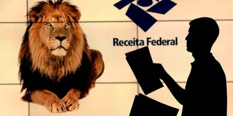 Imagem ilustrativa do Imposto de Renda 2025 com o leão, símbolo da Receita Federal, e o calendário do 4º lote de pagamento.