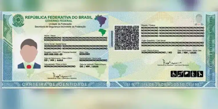 Nova Carteira de Identidade Nacional do Brasil, modelo oficial com QR Code e informações de segurança.