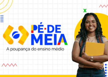 Imagem do programa Pé-de-Meia com estudante sorrindo e logo do programa. Tema: Frequência mínima de 80% para garantir os R$200 mensais.