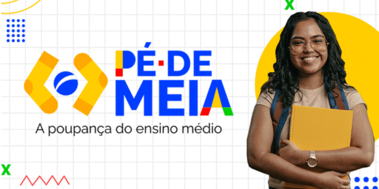 Imagem do programa Pé-de-Meia com estudante sorrindo e logo do programa. Tema: Frequência mínima de 80% para garantir os R$200 mensais.