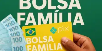 Cartão do Bolsa Família com o logo do PIX e cédulas de R$ 100