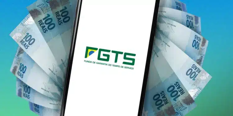 Imagem ilustrativa sobre o saque do FGTS em agosto, com destaque para o cronograma de saque-aniversário e cédulas de 100 reais.