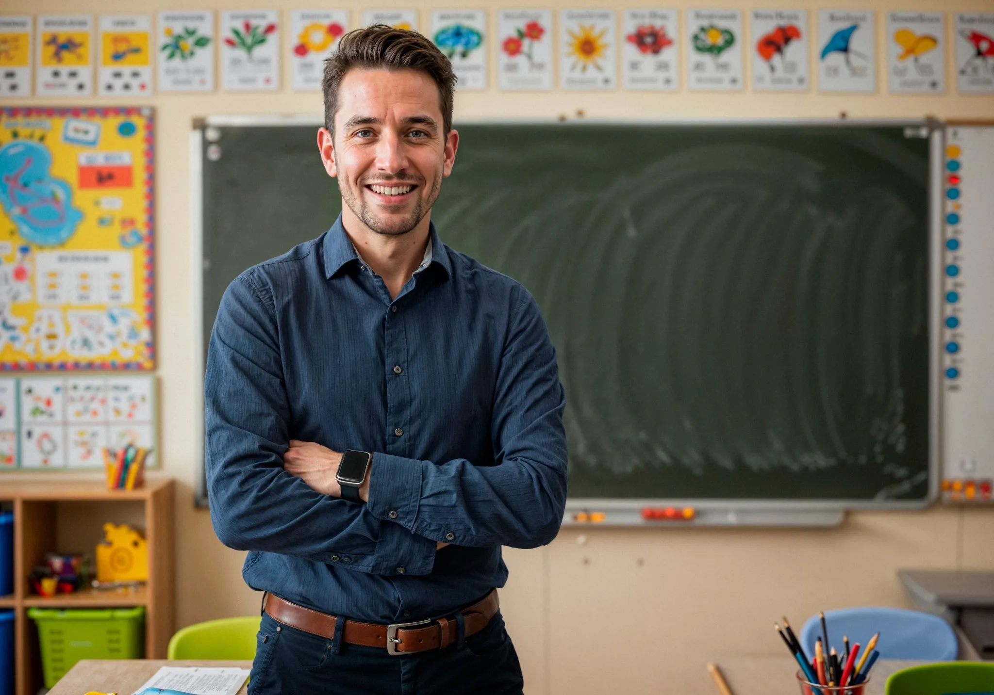 Professor sorridente em sala de aula, com a presença de alunos ao fundo, representando a transferência de curso e desligamento no programa Pé-de-Meia Licenciaturas.