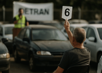 Homem levanta uma placa com o número 6 durante um leilão de veículos do Detran, com uma multidão e carros ao fundo.
