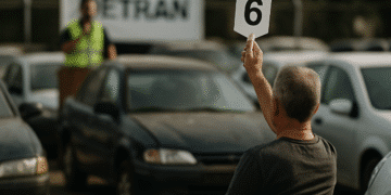 Homem levanta uma placa com o número 6 durante um leilão de veículos do Detran, com uma multidão e carros ao fundo.