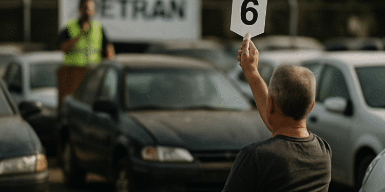 Homem levanta uma placa com o número 6 durante um leilão de veículos do Detran, com uma multidão e carros ao fundo.