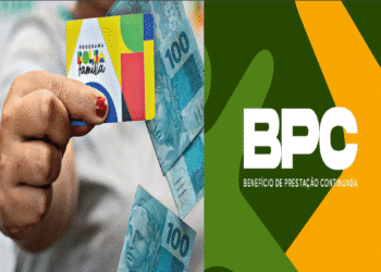 Cartão do Bolsa Família e dinheiro em notas de 100 reais, com destaque para o BPC.