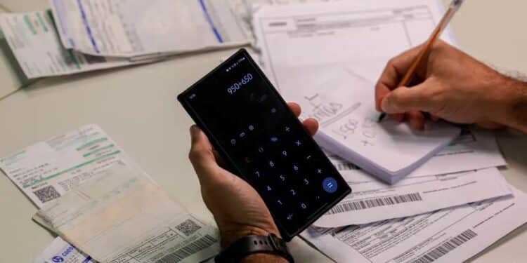 Pessoa usando calculadora no celular para organizar contas e boletos em cima da mesa.