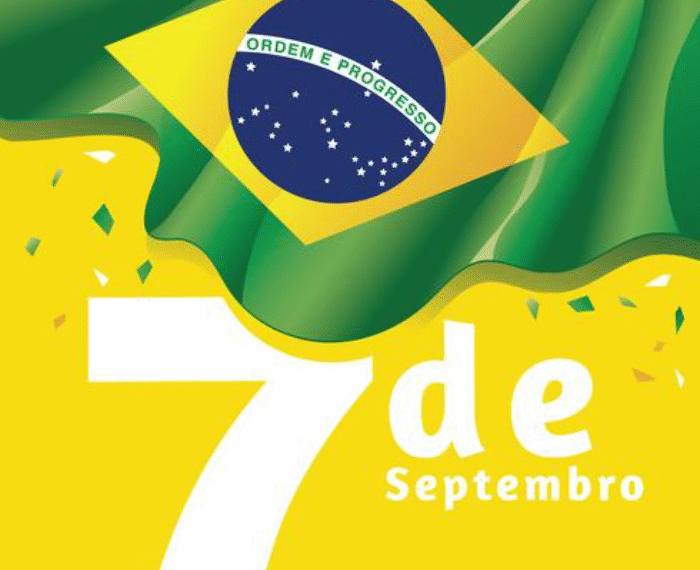 Ilustração com a bandeira do Brasil na parte superior e o texto "7 de Setembro" em destaque na parte amarela, simbolizando o feriado da Independência.