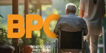 Pessoa idosa em cadeira de rodas ao lado de cuidadora, com o texto "BPC - Benefício de Prestação Continuada" em destaque. Imagem ilustrativa da liberação do INSS para o BPC em setembro.